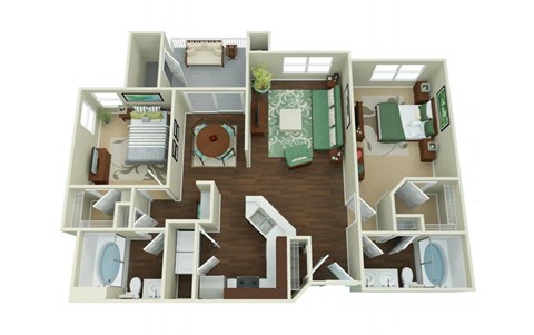 Floor plan for 2 beds, 2 baths, 1051 sqft